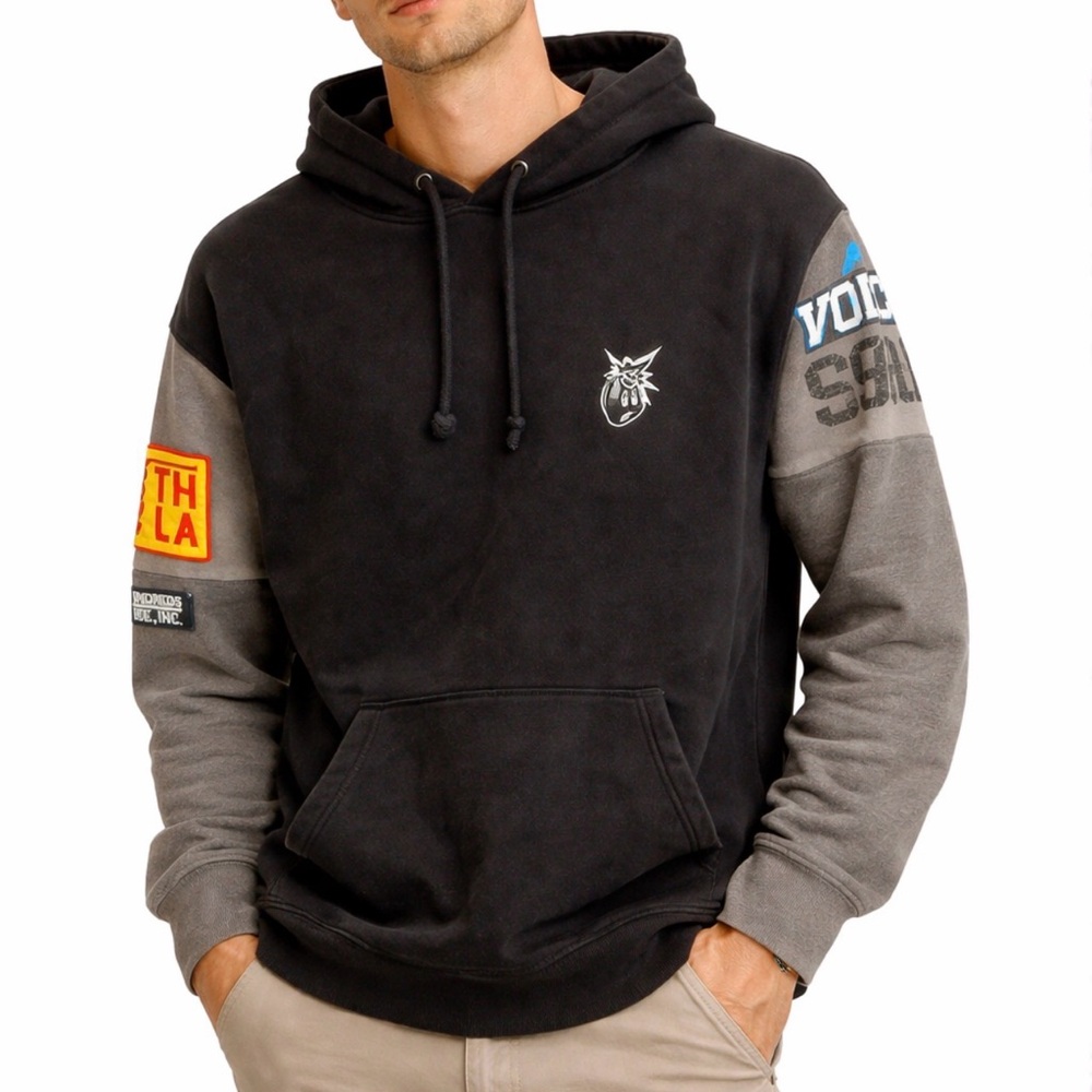The Hundreds [Rare] Black & Gray Graphic Hoodie Adam Bomb Logo Patchwork Collab